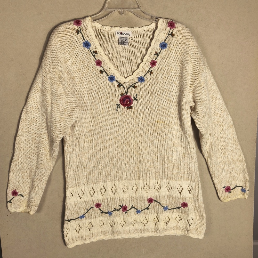 Vintage IC Isaacs Floral Embroidered Ramie Cotton Sweater Womens M